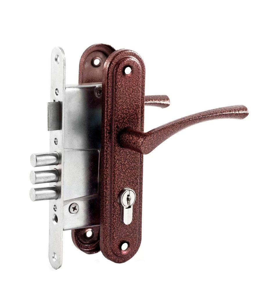 Фото Замок врезной цилиндровый с защёлкой в комплекте с ручкой ЗВ4.2-01 (медь), 3 кл.